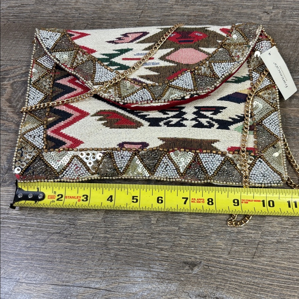 Beaded Aztec Envelope Clutch with Gold Chain Strap - Picture 5 of 9